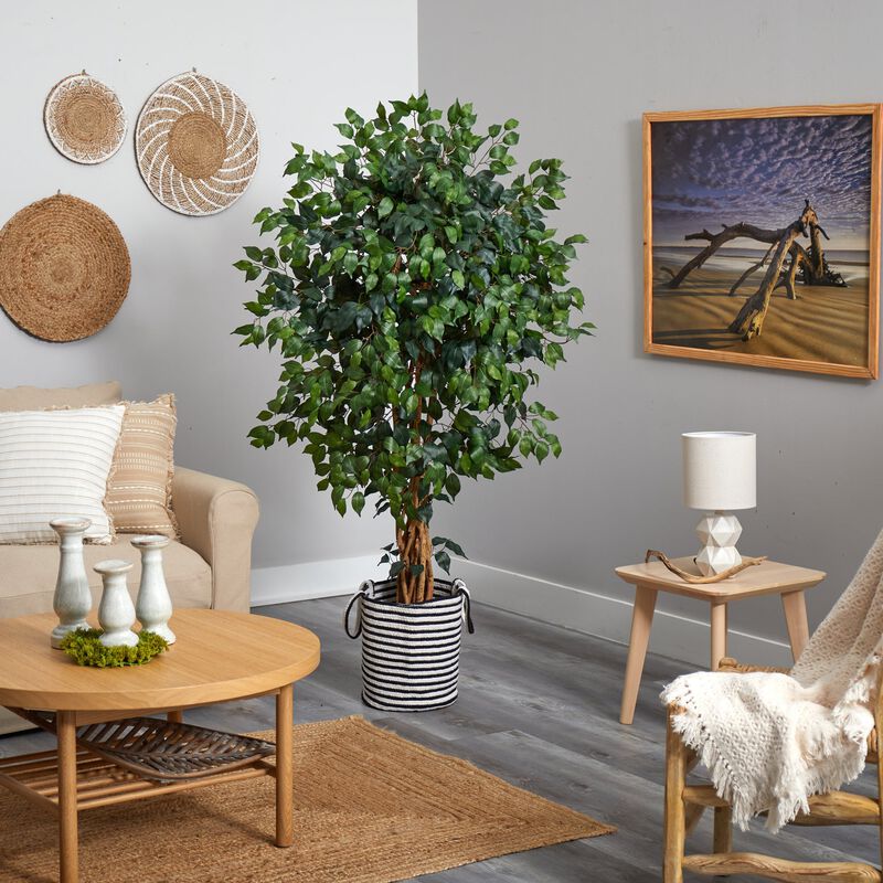 Hivvago 5.5 Feet Palace Ficus Artificial Tree in Handmade Black and White Natural Jute and Cotton Planter