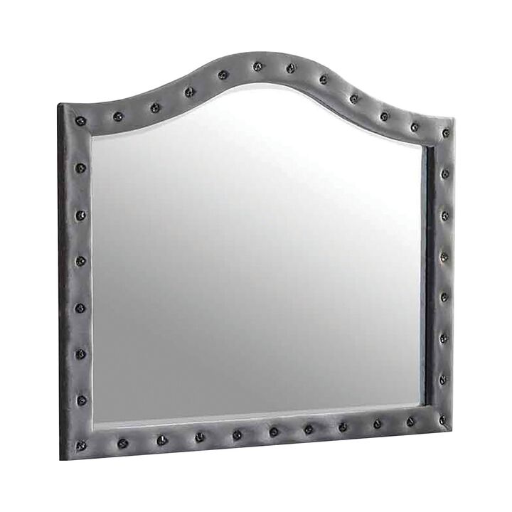 Mirror with Button Tufting and Scalloped Top, Gray-Benzara