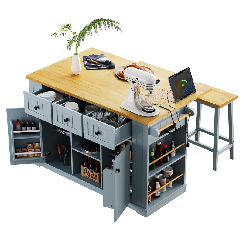 Whisen Classic Style Kitchen Cart Island with Drop Leaf, 5 Open Side Racks, 3 Drawers and Locking Wheels