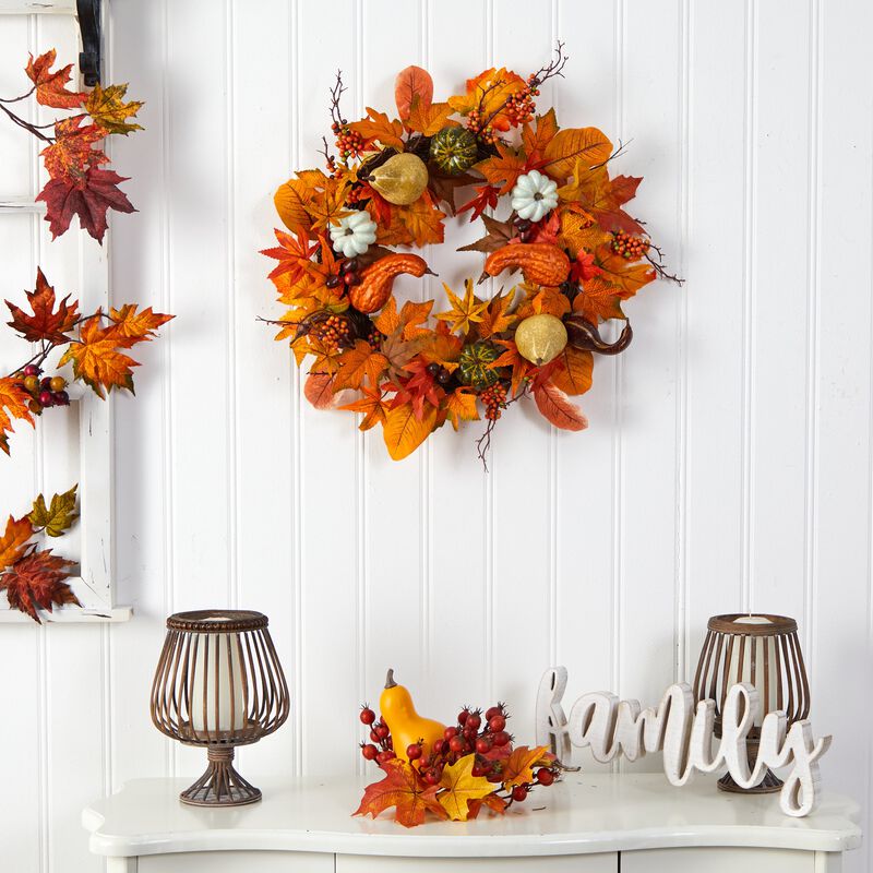 HomPlanti 24" Autumn Pumpkin, Gourd and Berries in Assorted Colors Artificial Fall Wreath