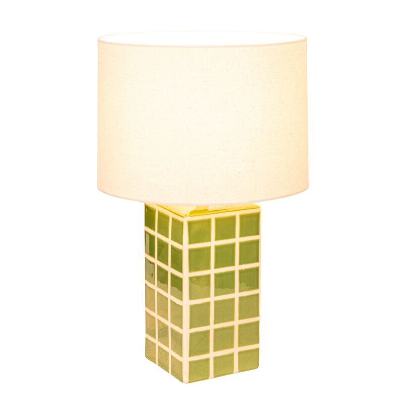 Green Grid Stoneware Table Lamp with Linen Shade image number 3