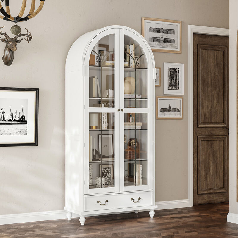 FUFU&GAGA Modern Display Storage Cabinet with 2 Glass Doors, 1 Drawer & Retro Handles, Solid Painted Wood Legs, Elevated Base, (34.6 in. W x 15.7 in. D x 77.2 in. H), White