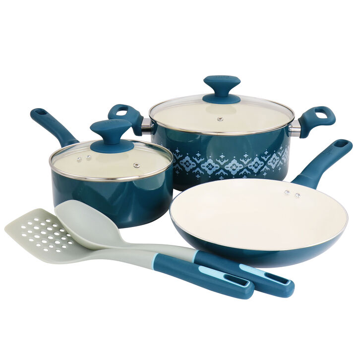 Spice by Tia Mowry Savory Saffron 7 Piece Ceramic Nonstick Aluminum Cookware Set with Nylon Utensils in Teal