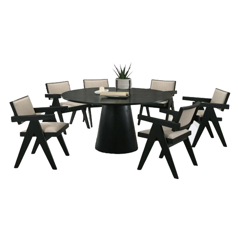 Bili 7pc Round Dining Table and 6 Armchairs Set, Open Back, Beige, Black - Benzara