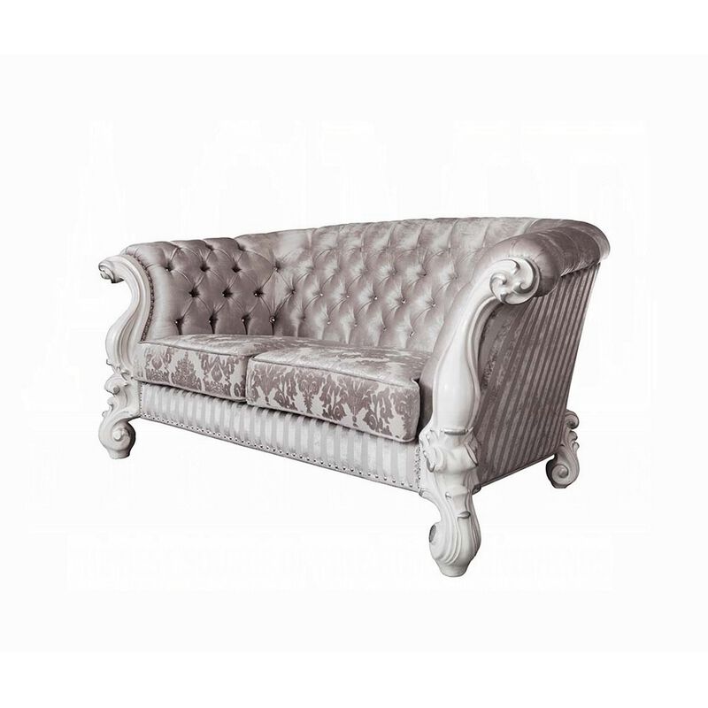 Kai Loveseat, 5 Pillows, Tufted Ivory Fabric, Scrolled, White, 76 Inch - Benzara - Benzara
