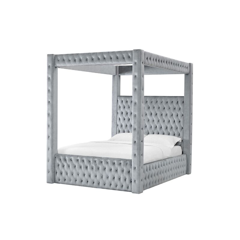 Beli Queen Size Canopy Bed, Tufted Design, Gray Velvet Upholstery