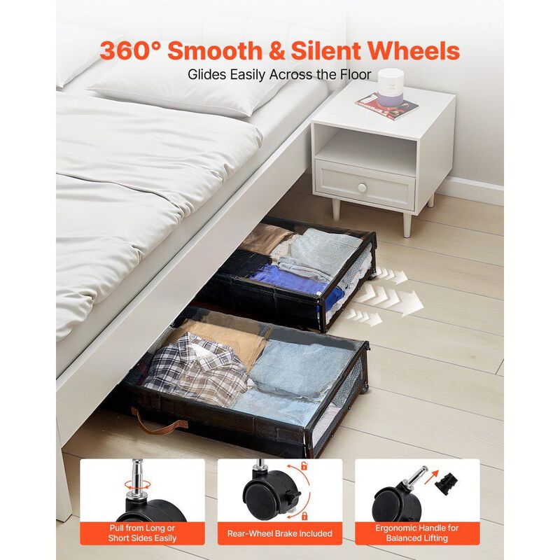 Under Bed Storage with Wheels 2 Pack Rolling Containers for Clothes Shoes Blankets-Black image number 3