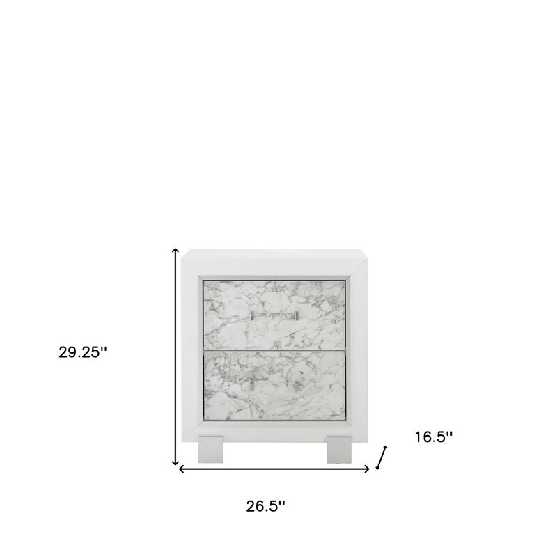 Modern Bedside Table with 2 Drawers and Decorative Faux Marble Front