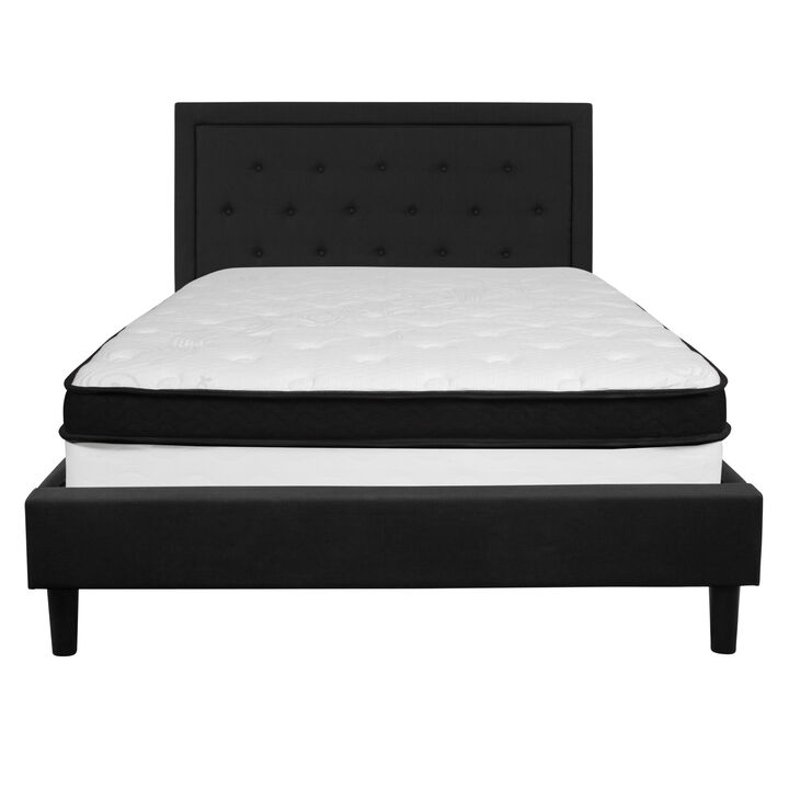 Roxbury Queen Size Tufted Upholstered Platform Bed in Black Fabric with Memory Foam Mattress