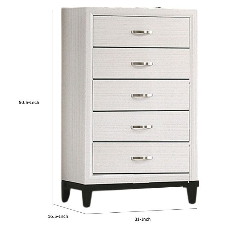 Erica Tall Dresser Chest, 5 Drawers Chrome Bar Handles, White Wood