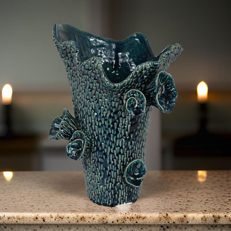 17 Inch Vase with Barnacle Design And Floral Details, Blue Ceramic Finish - Benzara