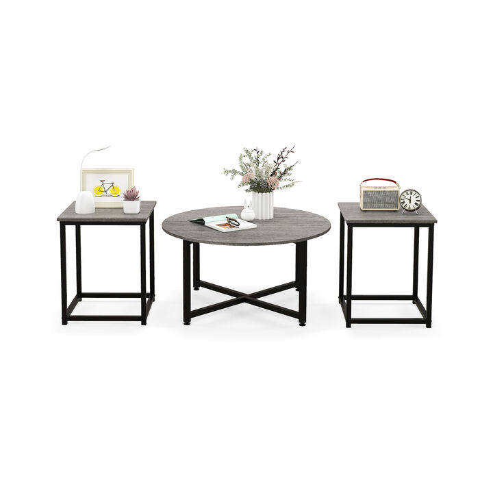 3-Piece Coffee Table Set Round Coffee Table and 2PCS Square End Tables