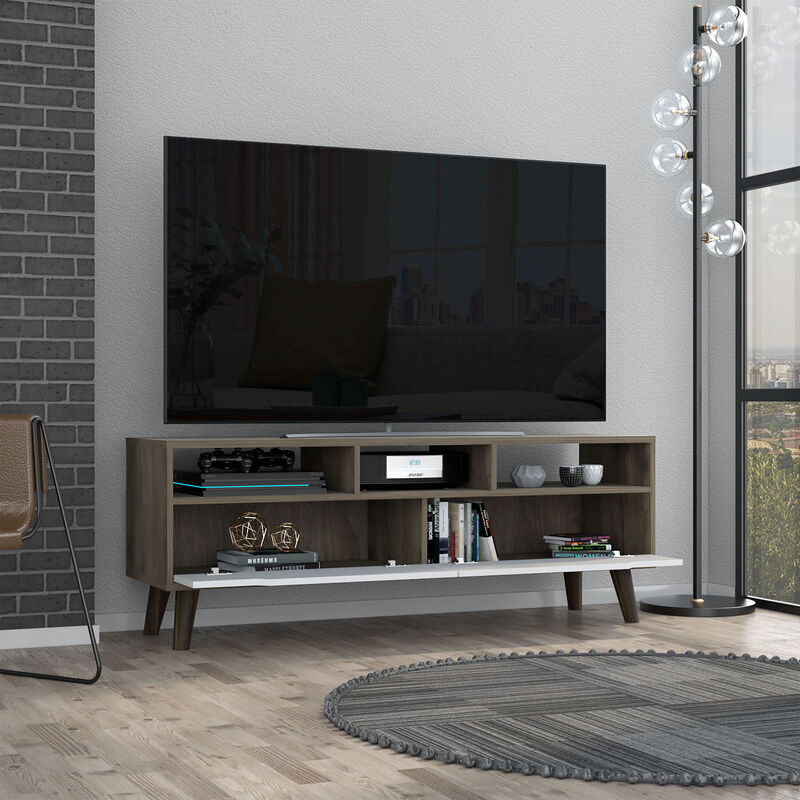 DEPOT E-SHOP Kobe Tv Stand for TV&acute;s up 52", Three Open Shelves, Two Flexible Drawers, Dark Walnut / White image number 4