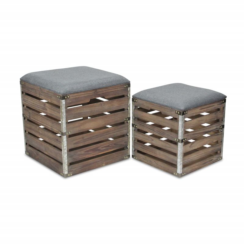 Set of 2 Upholstered Storage Benches with Linen Fabric and Wood Slats for Home Decor