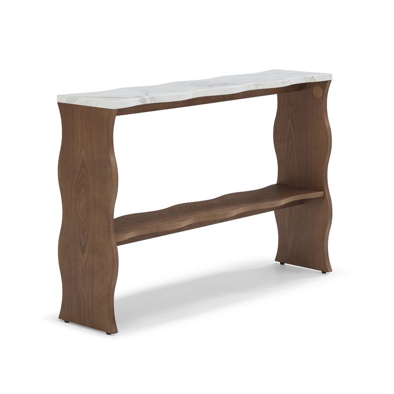Whisper of Waves Modern Console Table with Marble Pattern Top & Solid Wood Veneer Shelf image number 0