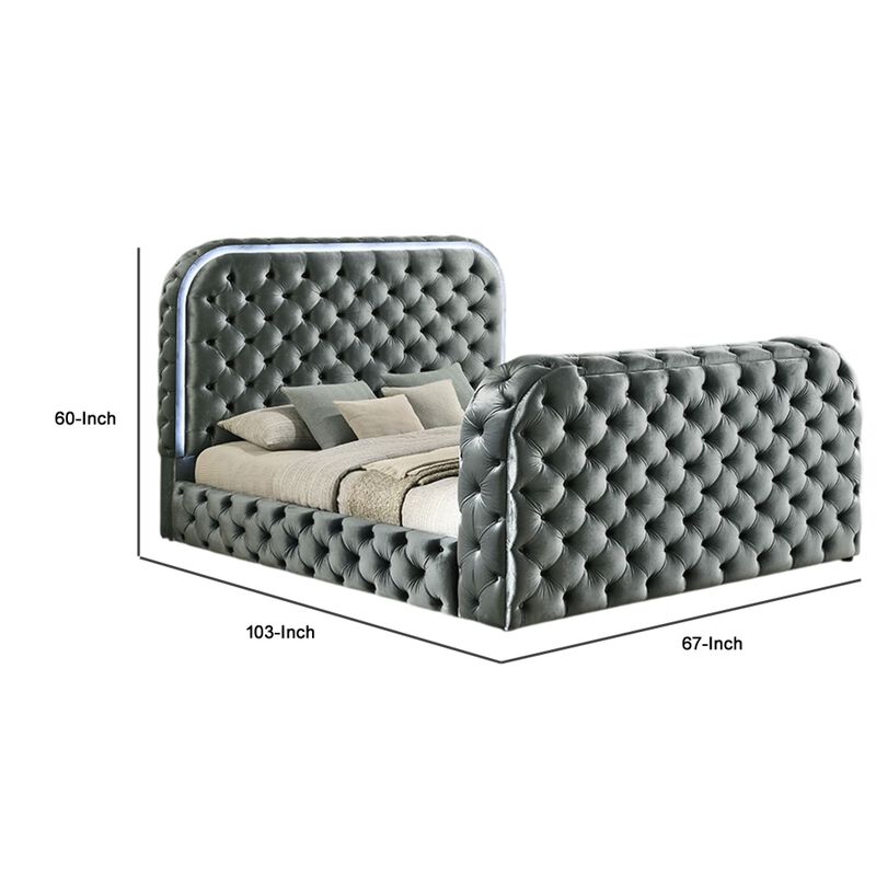 Kerie Queen Bed with LED Fireplace, Hidden Lift TV Stand, Gray Velvet - Benzara