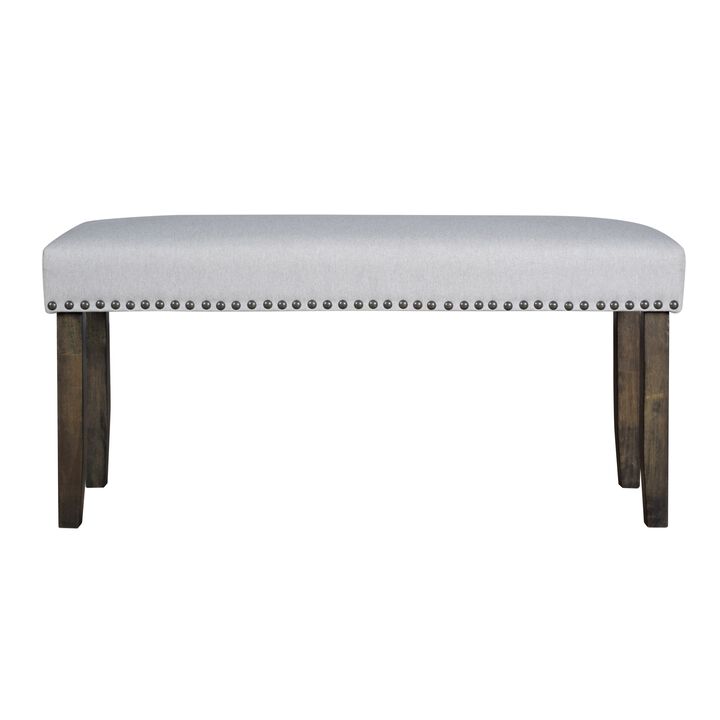Luo 43 Inch Dining Bench, Nailhead Accent Soft Gray Upholstery, Brown Wood - Benzara