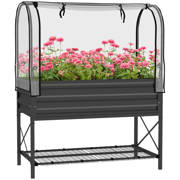 Outsunny Raised Garden Bed with Cover and Storage Shelf, Rectangular Metal Elevated Planter Box with Legs and Bed Liner for Vegetables, Flowers, Herbs, Black
