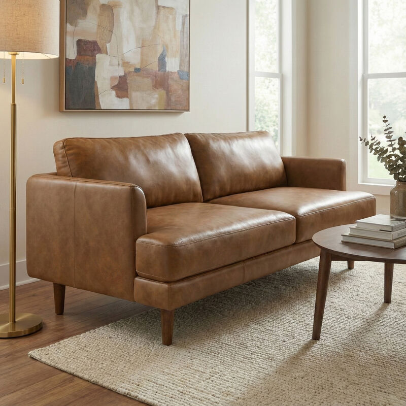 Livingston 76 inch Wide Mid-Century Modern Sofa in Caramel Brown Top Grain Genuine Leather image number 5