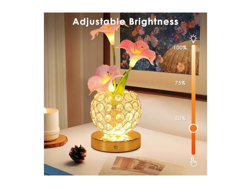Rechargeable Cordless Crystal Flower Table Lamp For Bedroom Office Pink image number 2