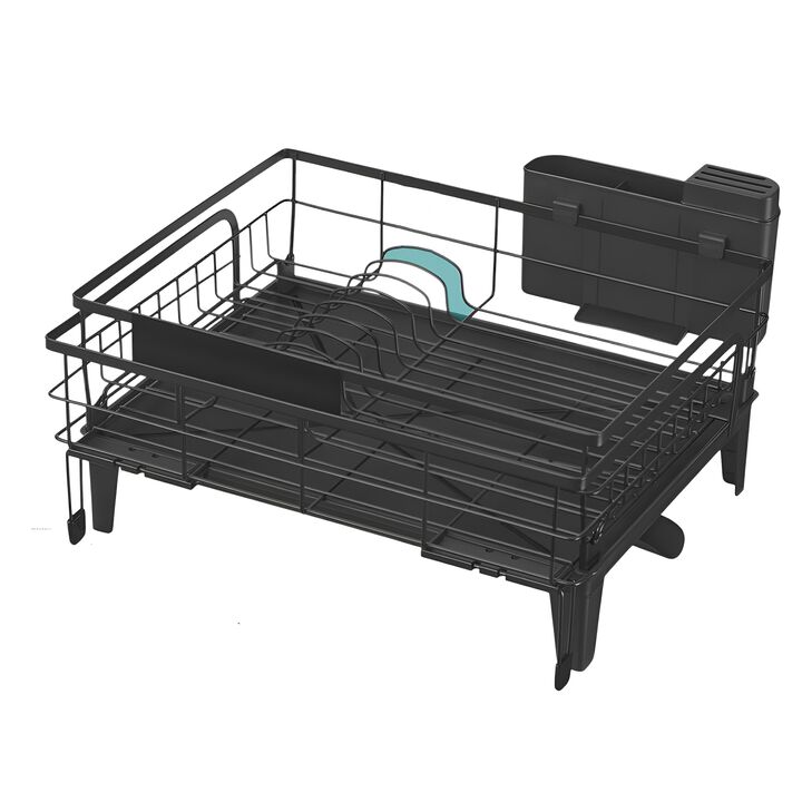 Kitchen Dish Rack with Drainboard and Extendable Spout Black