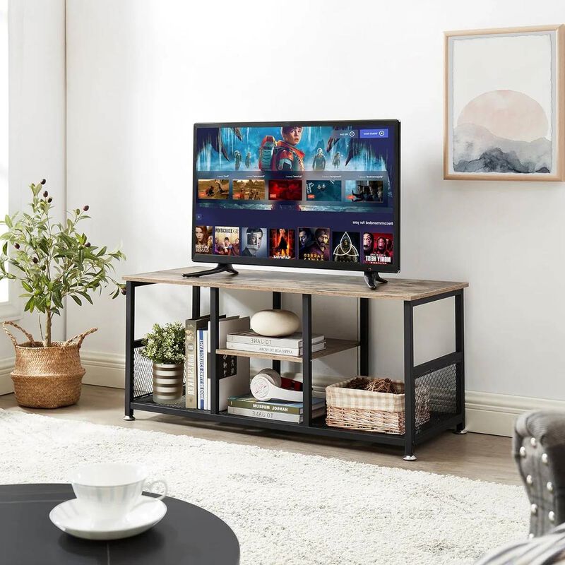 Modern Industrial TV Console with Metal Frame and Wood Storage Shelf