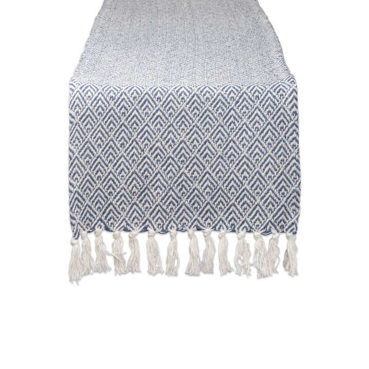 72-Inch Blue and White Rectangular Diamond Weaved Table Runner With Fringed Ends