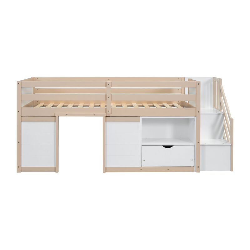 Whisen Solid Wood Twin Size Low Loft Bed With Stair, Drawer And Shelf
