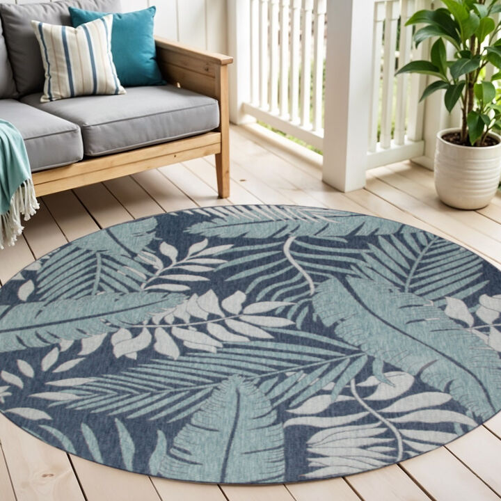 HomeRoots 4' Navy Blue Round Floral Indoor Outdoor Area Rug