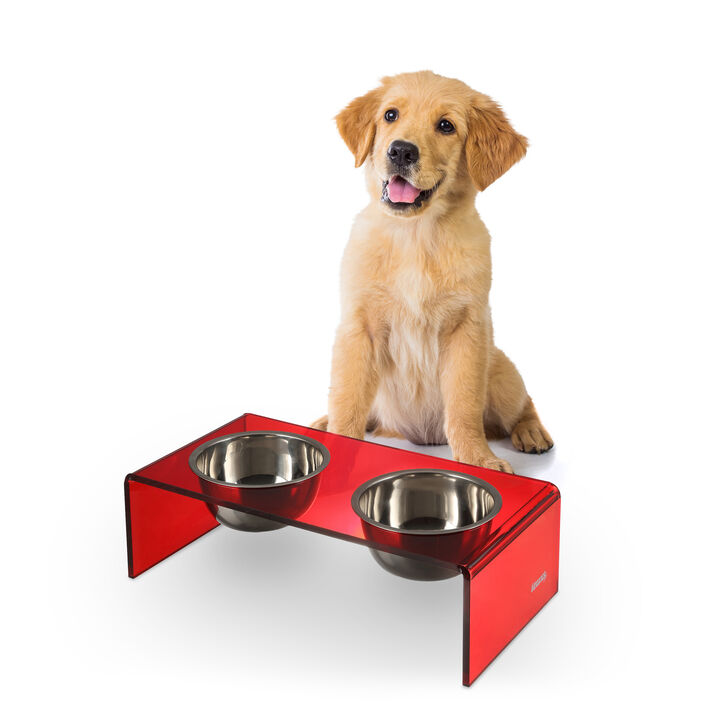 Keaton Modern Acrylic Rectangular Elevated Pet Feeder with Stainless Steel Bowls