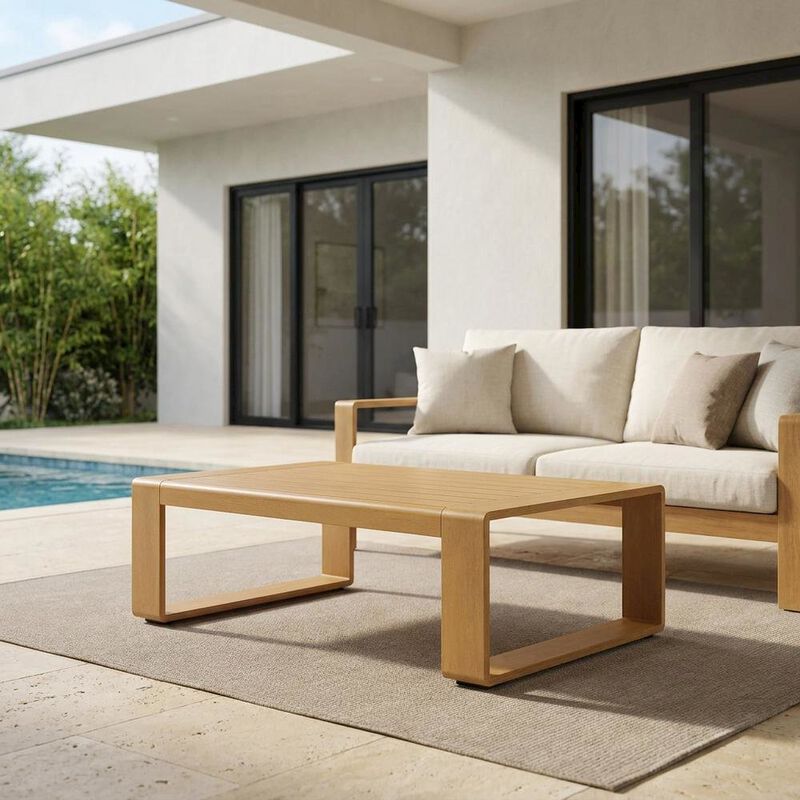 Aluminum Faux Wood Rectangular Patio Coffee Table for Deck and Porch, Natural image number 5