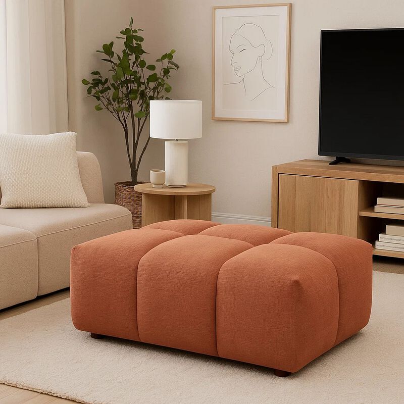 Leya Modular Ottoman, Tufted Coral Red Linen, 43 Inch Rectangular Seat image number 6