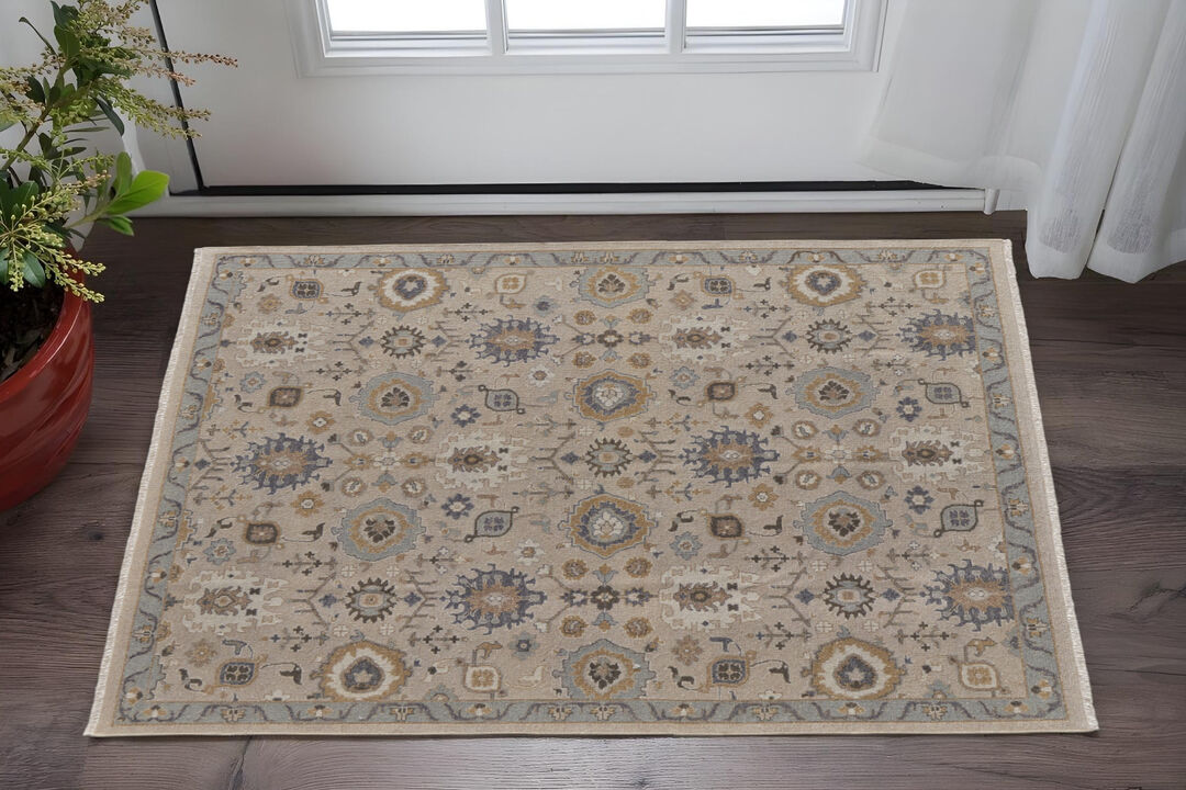 HomeRoots Wool Oriental Hand Knotted Area Rug With Fringe