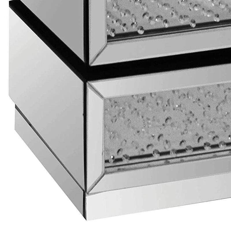 Pali 32 Inch Modern Nightstand Dresser Table, Faux Crystals, Mirror, Silver-Benzara