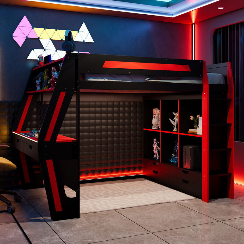 Merax Full Size All-in-One Gaming Loft Bed with Staircase & RGB Lights image number 1