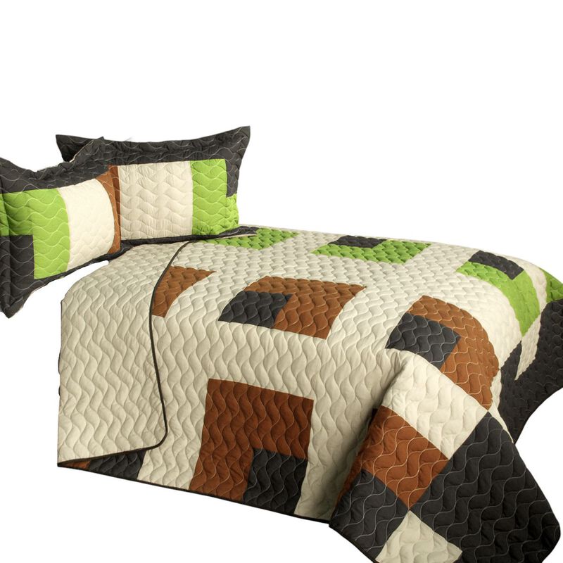 Brown 3-Piece Vermicelli Quilted Patchwork Quilt Set with Matching Shams image number 1