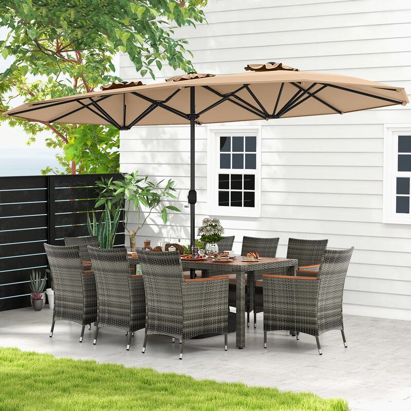 Mondawe 10 Pcs Patio Wicker Dining Set,1 Table With 15ft Double-Sided Umbrella & 8 Cushioned Chairs