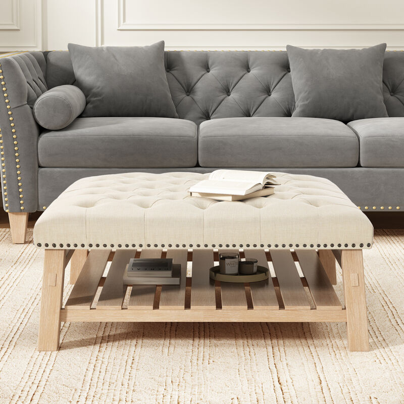 Merax Tufted Ottoman Coffee Table with Nailhead Trim & Storage Shelf &ndash; Solid Wood Legs image number 2