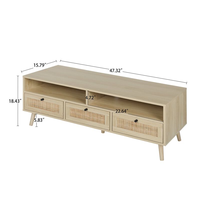 MONDAWE Rattan TV Stand with Solid Wood Feet, Entertainment Center with Storage and Shelf, Wood TV Media Console Table for Living Room Bedroom image number 4