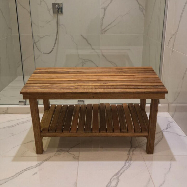 HomeRoots 18" X 25" Brown Teak Rectangular Shower Bench With Shelf