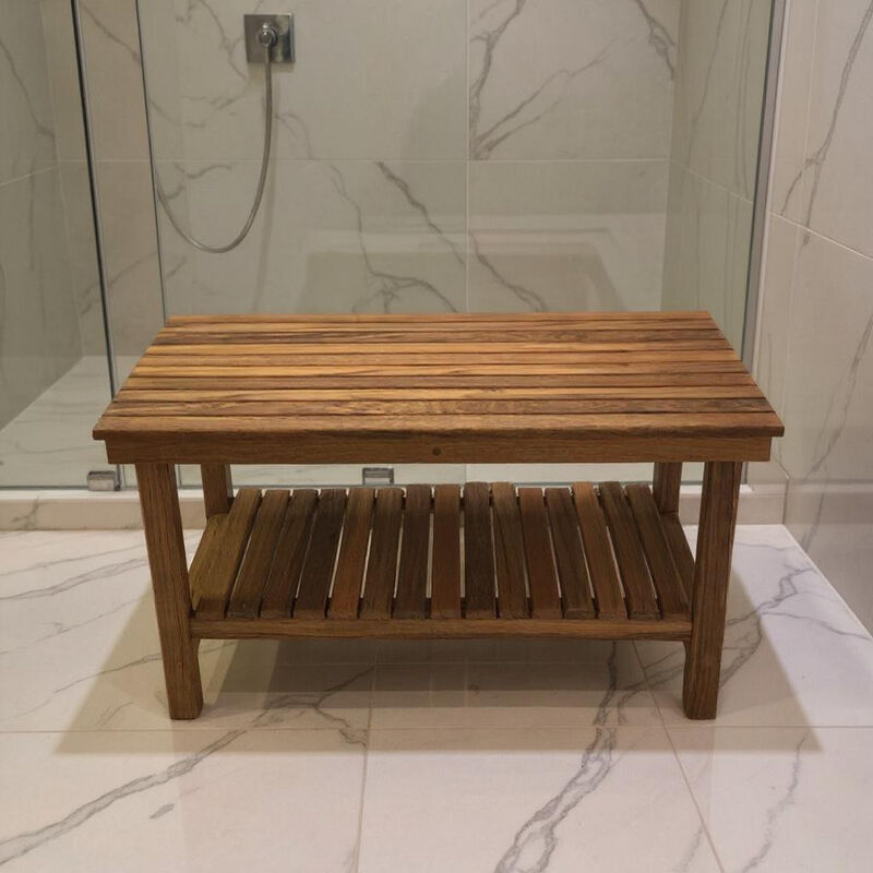 HomeRoots 18" X 25" Brown Teak Rectangular Shower Bench With Shelf image number 1