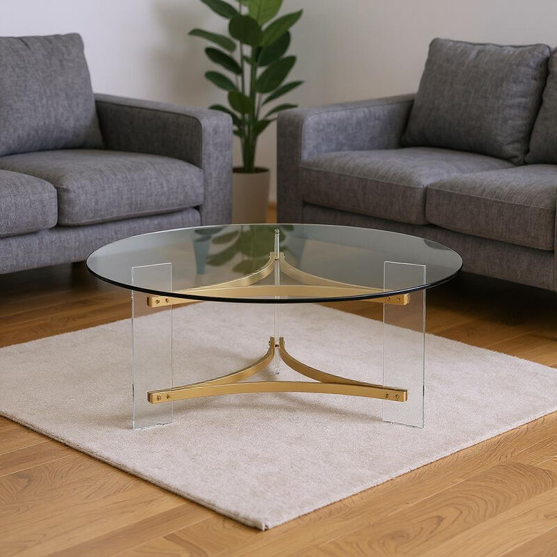 HomeRoots 41" Clear and Gold Glass Acrylic and Brass Round Coffee Table image number 1