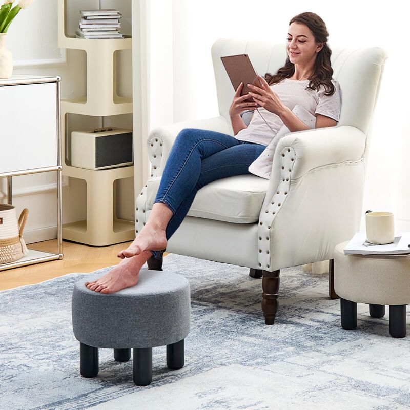 Round Linen Ottoman Footstool with Padded Seat and Non-Skid Pine Wood Legs image number 1