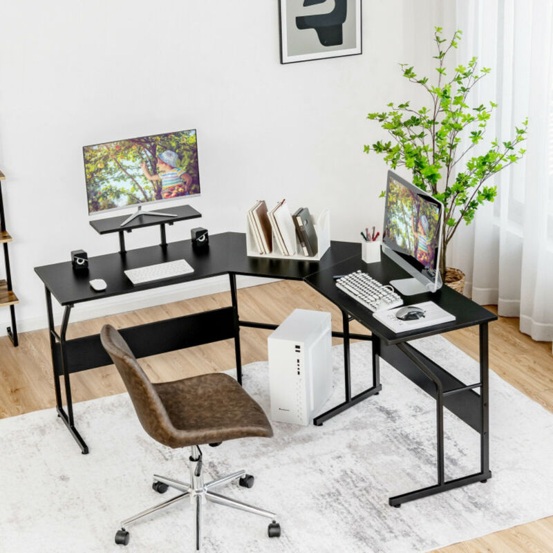 L Shaped Reversible Computer Desk Table with Monitor Stand