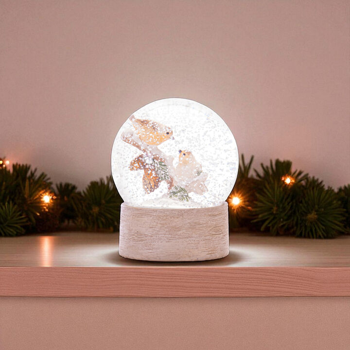 Snow Globe with Cardinal or Bird on Tree Branch – Light-Up Holiday Decoration for Mantel, Shelf, or Centerpiece