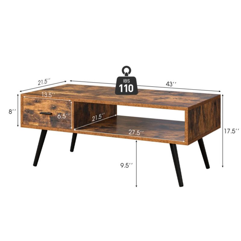 Hivvago Retro Rectangular Coffee Table with Drawer and Storage Shelf-Rustic Brown