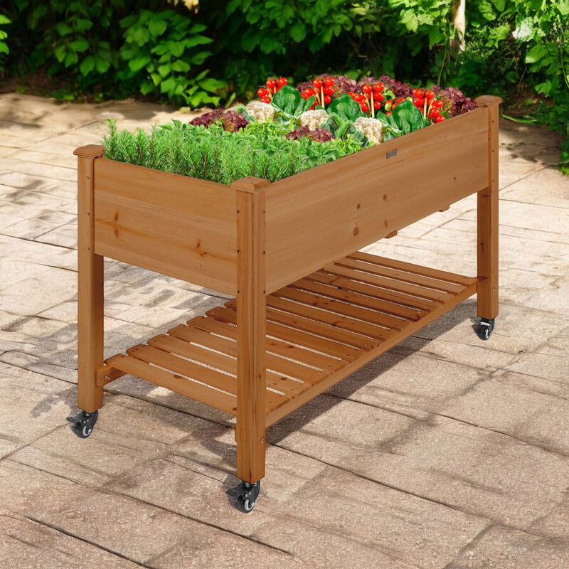 Outdoor Wood Raised Garden Bed Planter Box with Shelf and Locking Wheels