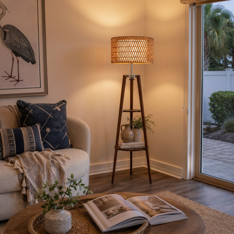 61'' Tall Boho Tripod Floor Lamp with Shelves, Mid-Century Modern Wood Standing Lamp with Rattan and Fabric Shades for Living Room, Bedroom, Office, 2 Pallet image number 1