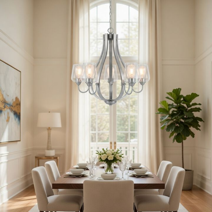 5 Light Chandelier, Teardrop Shape Glass Shades, Brushed Silver 26 Inch