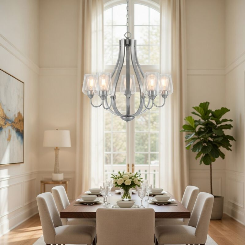 5 Light Chandelier, Teardrop Shape Glass Shades, Brushed Silver 26 Inch image number 1